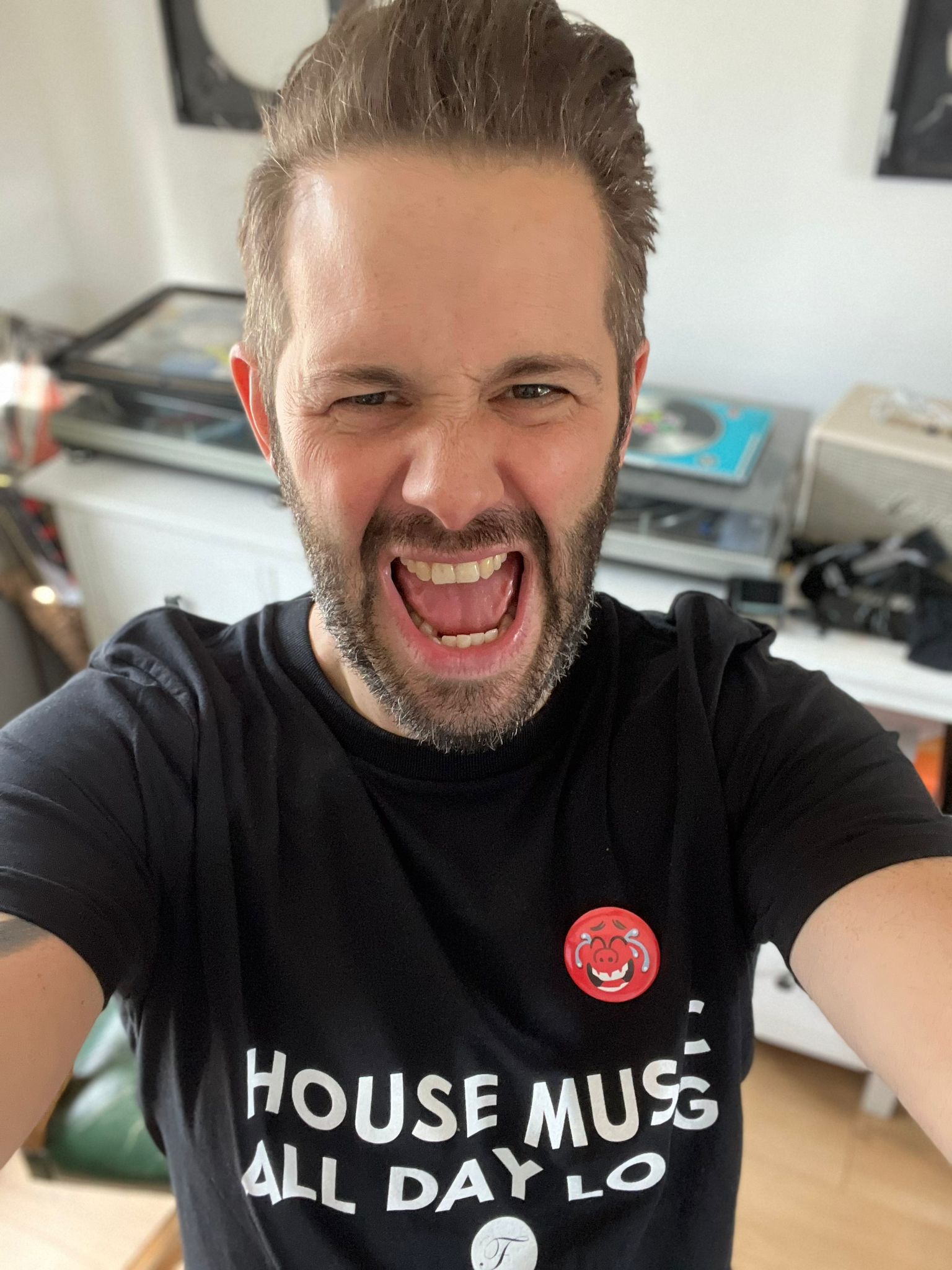 One Phat DJ modelling our House Music All Day Long t-shirt